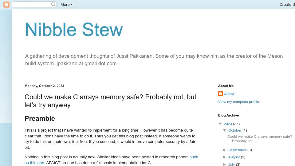 Screenshot of nibblestew.blogspot.com: Could we make C arrays memory safe? Probably not, but let's try