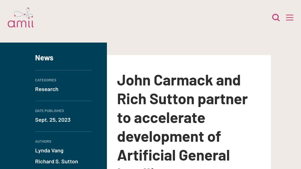 Screenshot of amii.ca: John Carmack and Rich Sutton partner to accelerate development of AGI