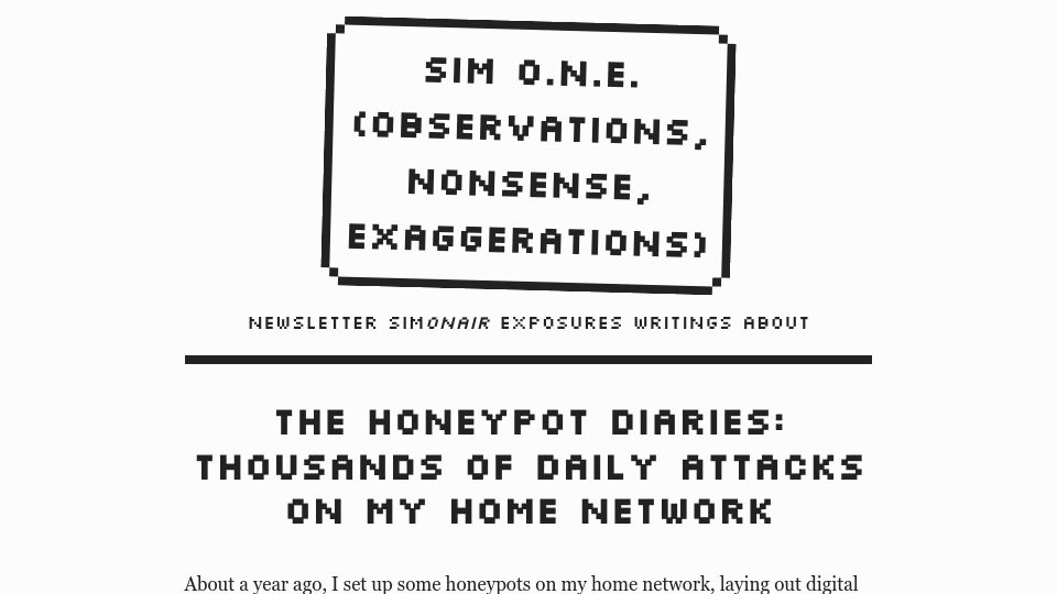 Screenshot of simone.org: The Honeypot Diaries: Thousands of Daily Attacks on My Home Network