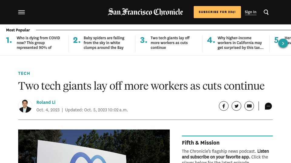 Screenshot of sfchronicle.com: Tech giants Meta, Amazon lay off more workers as cuts continue