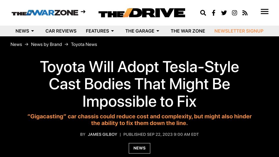 Screenshot of thedrive.com: Toyota Will Adopt Tesla-Style Cast Bodies That Might Be Impossible to Fix