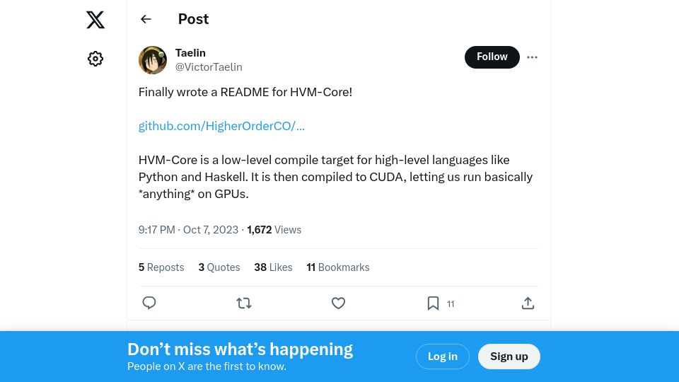 Screenshot of twitter.com: HVM updates: simplifications, finally runs on GPUs, 80x speedup on RTX 4090