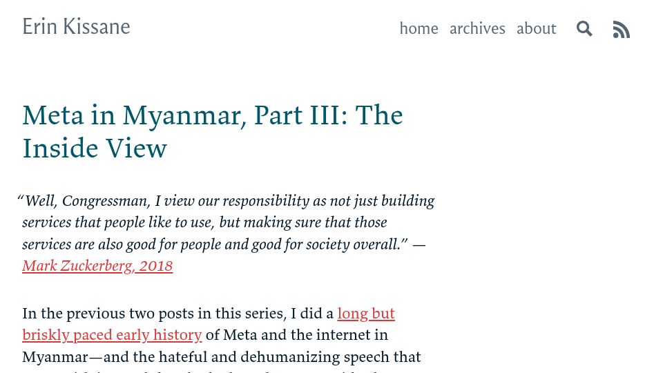 Screenshot of erinkissane.com: Meta in Myanmar, Part III. The Inside View