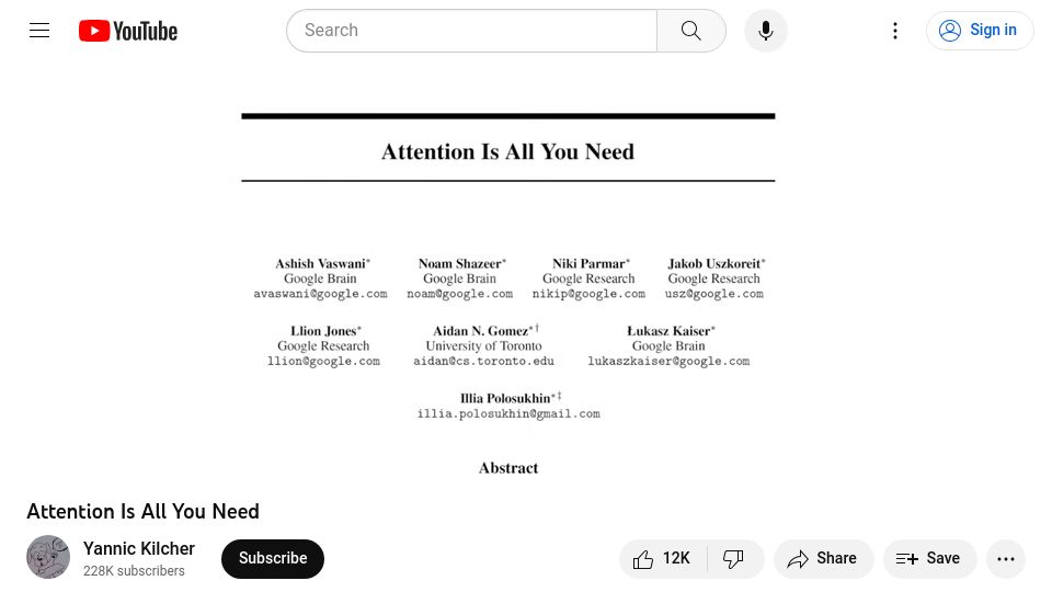 Screenshot of youtube.com: "Attention is all you need" paper digested (2018)