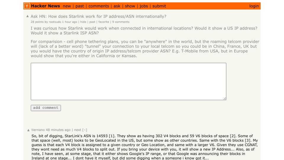 Screenshot of Hacker News post: Ask HN: How does Starlink work for IP address/ASN internationally?