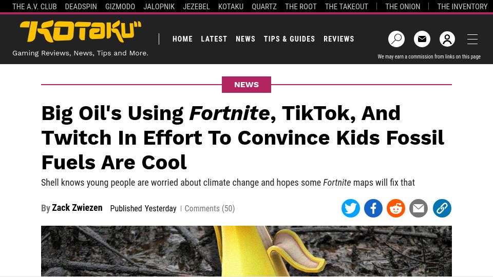 Screenshot of kotaku.com: Shell using Fortnite, TikTok, etc. to convince kids fossil fuels are cool