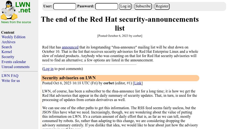 Screenshot of lwn.net: The end of the Red Hat security-announcements list