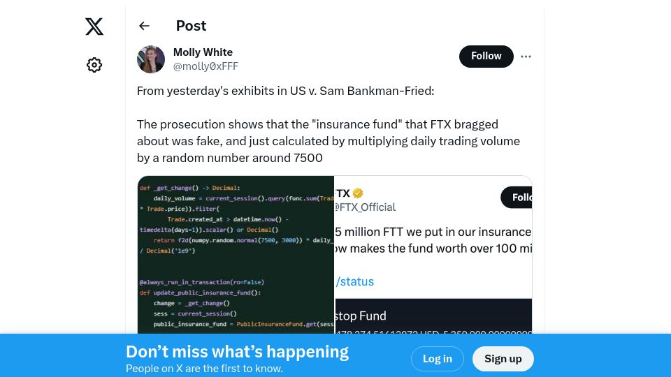 Screenshot of twitter.com: FTX "insurance fund" calculated by multiplying trading volume by random number