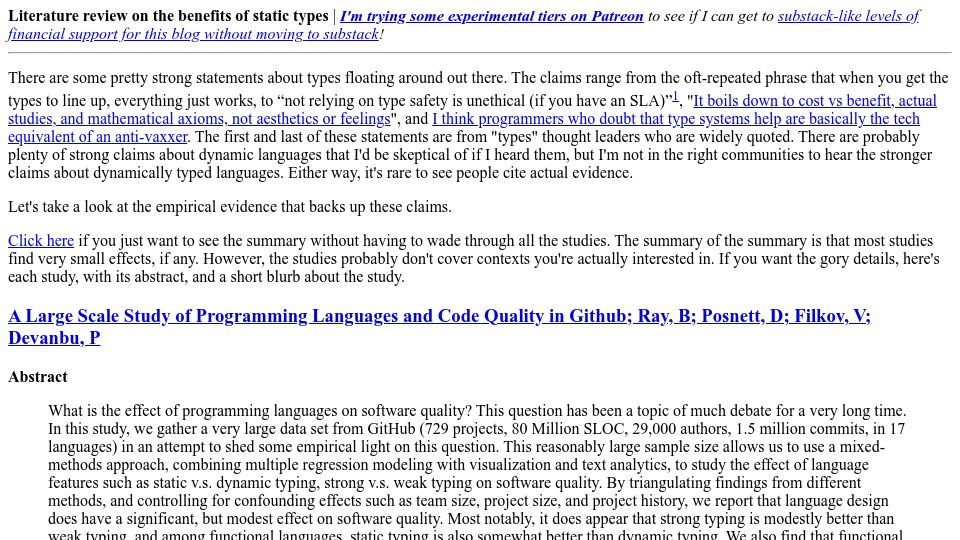 Screenshot of danluu.com: Literature review on the benefits of static types