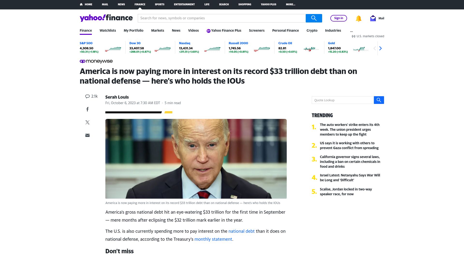 Screenshot of finance.yahoo.com: USA paying more interest on its $33T debt than on defense – who holds the IOUs