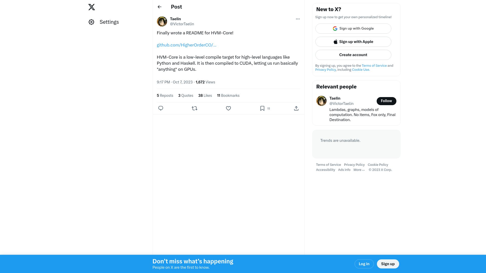Screenshot of twitter.com: HVM updates: simplifications, finally runs on GPUs, 80x speedup on RTX 4090
