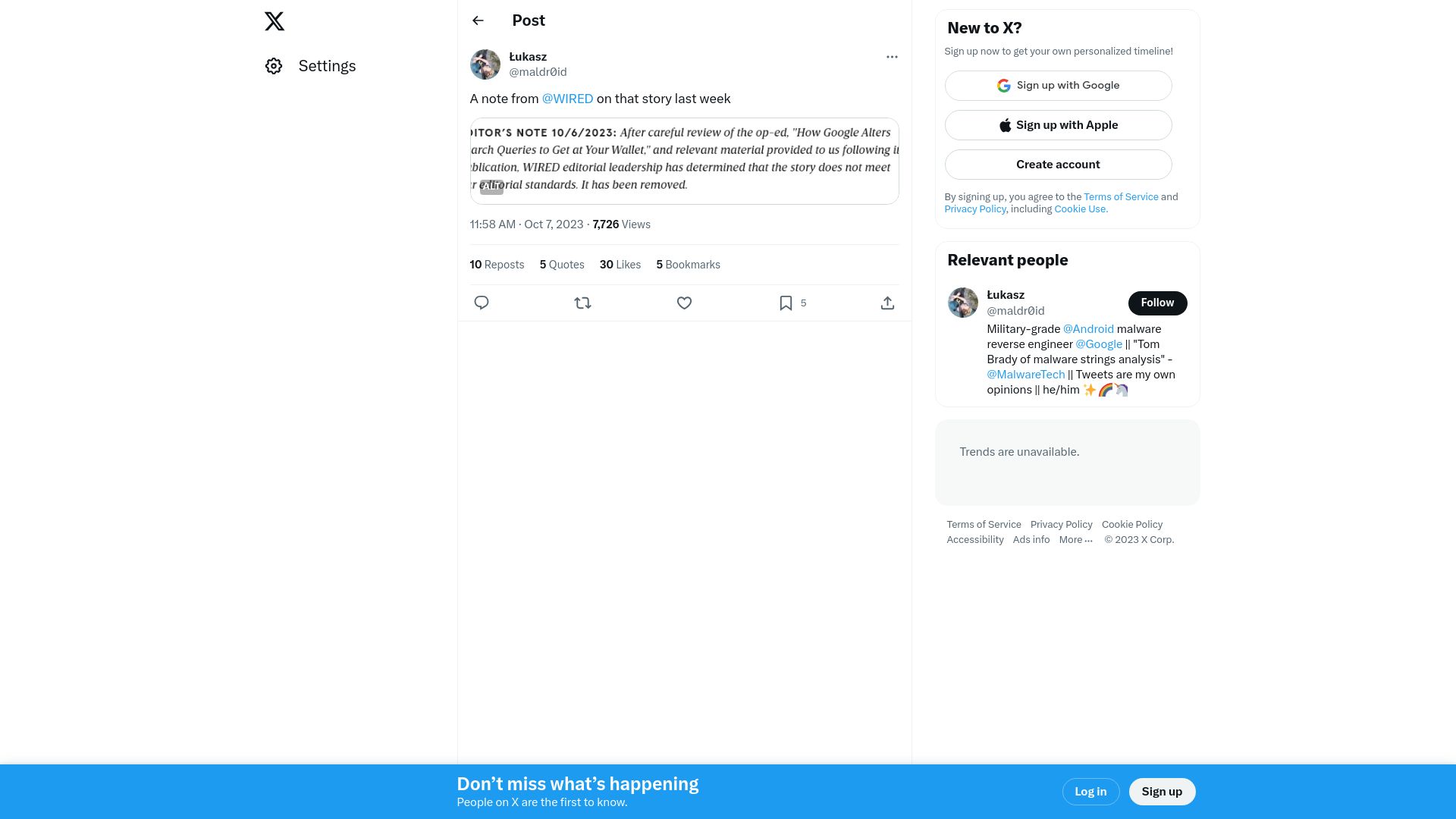 Screenshot of wired.com: Wired has removed "How Google alters search queries" story