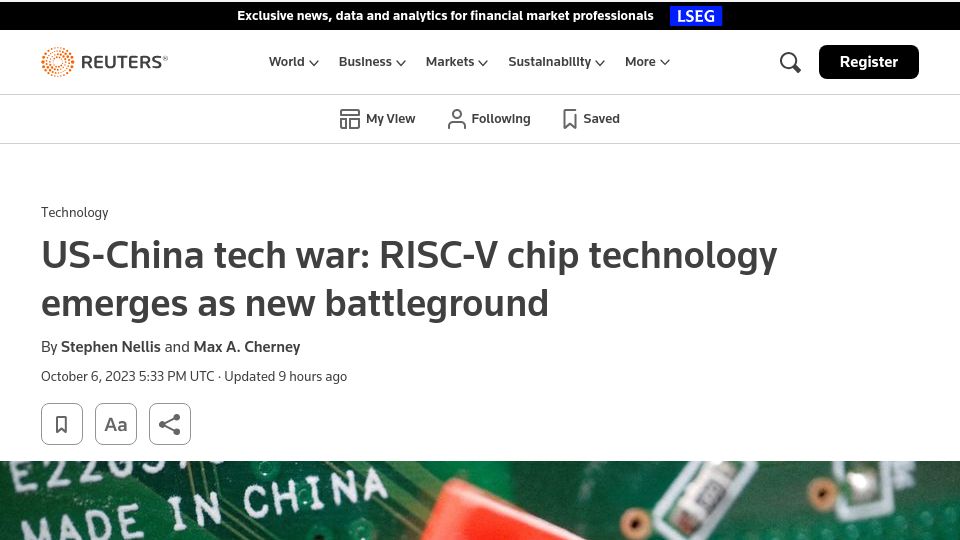 Screenshot of reuters.com: RISC-V chip technology emerges as new battleground in US-China tech war