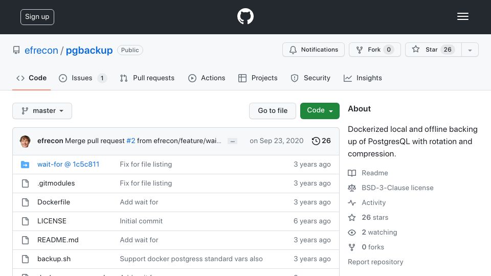 Screenshot of github.com: Dockerized local and offline backing up of PostgreSQL with rotation, compression
