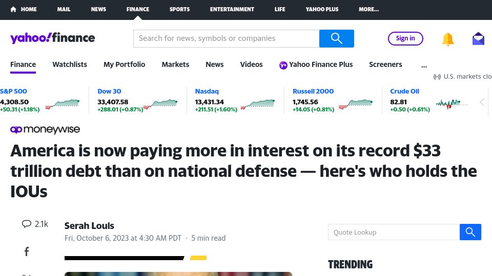 Screenshot of finance.yahoo.com: USA paying more interest on its $33T debt than on defense – who holds the IOUs