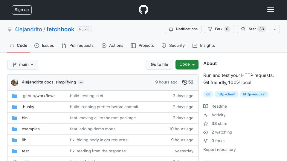 Screenshot of github.com: Show HN: Fetchbook – Run and test your HTTP requests 100% locally