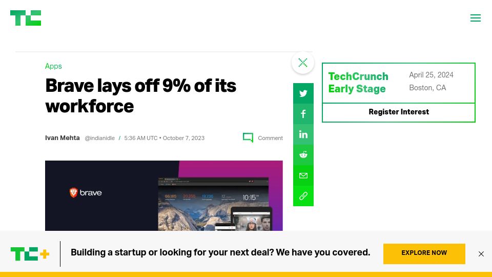 Screenshot of techcrunch.com: Brave layoffs