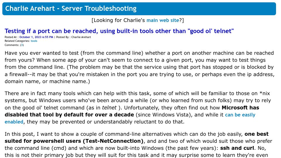 Screenshot of carehart.org: Testing if a port can be reached, using built-in tools other than ol' telnet