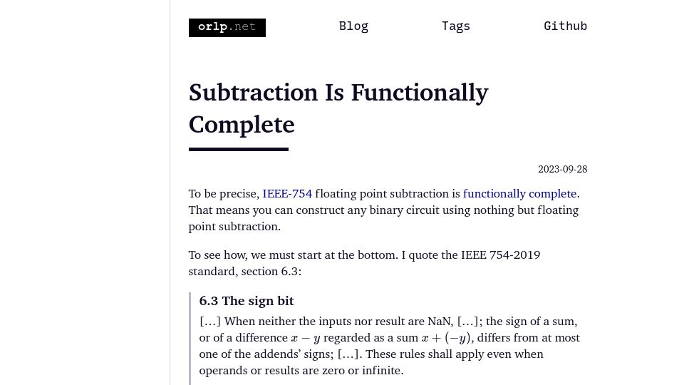 Screenshot of orlp.net: Subtraction is functionally complete
