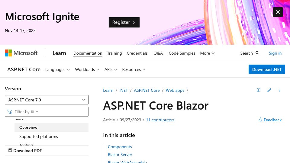 Screenshot of learn.microsoft.com: ASP.NET Core Blazor