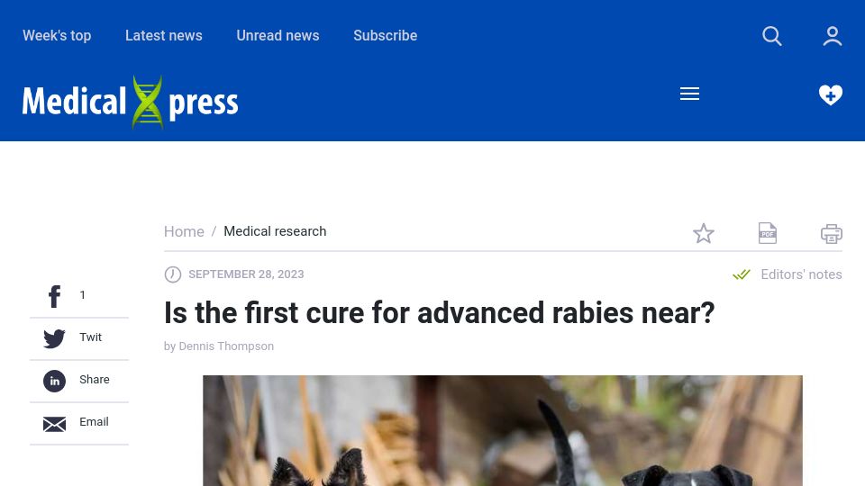 Screenshot of medicalxpress.com: Is the first cure for advanced rabies near?
