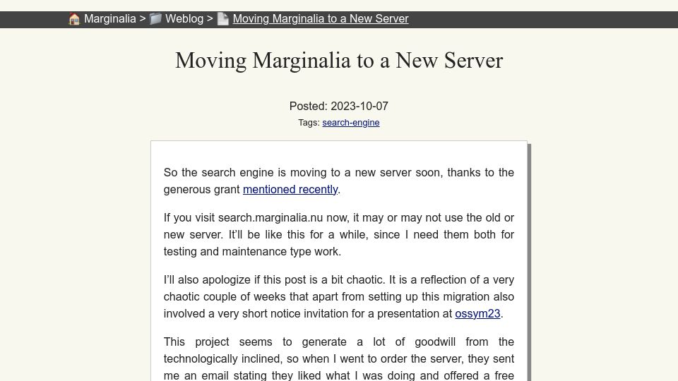Screenshot of marginalia.nu: Moving Marginalia to a new server