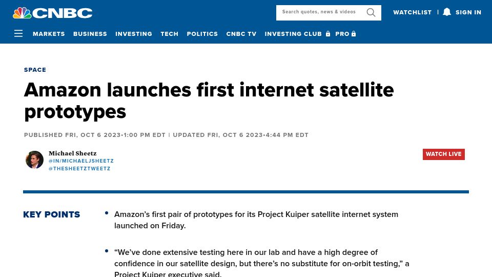Screenshot of cnbc.com: Amazon launches Project Kuiper satellite internet prototypes