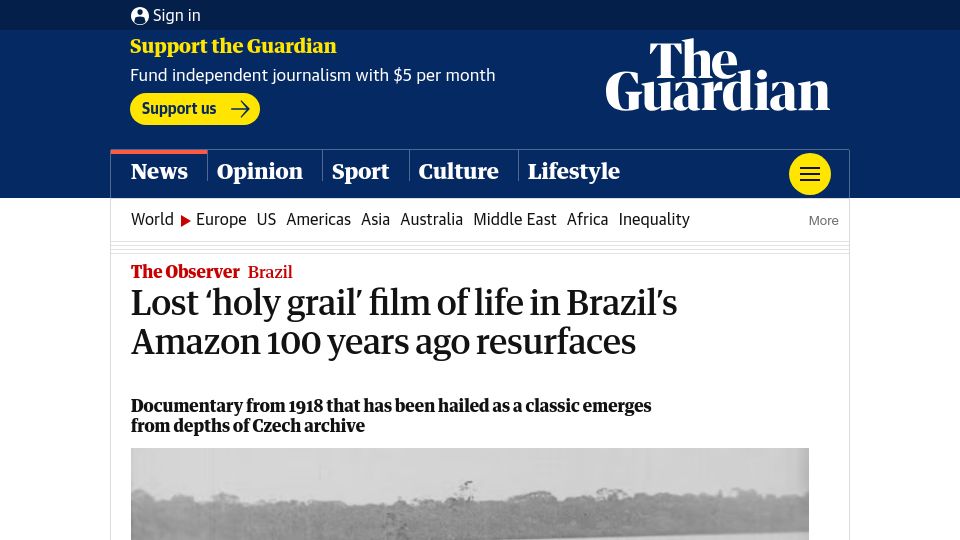 Screenshot of theguardian.com: Lost film of life in Brazil’s Amazon 100 years ago resurfaces
