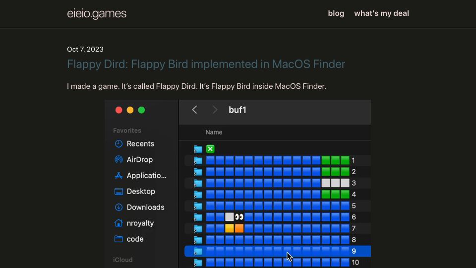 Screenshot of eieio.games: Flappy Dird: Flappy Bird Implemented in MacOS Finder
