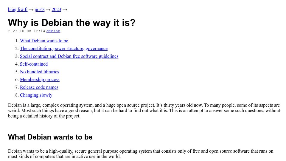 Screenshot of blog.liw.fi: Why is Debian the way it is?