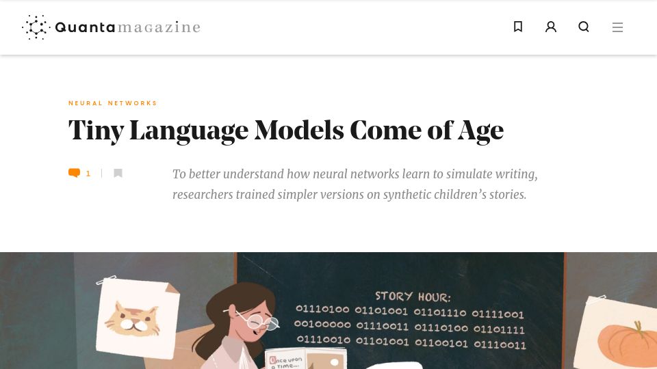 Screenshot of quantamagazine.org: Tiny Language Models Come of Age
