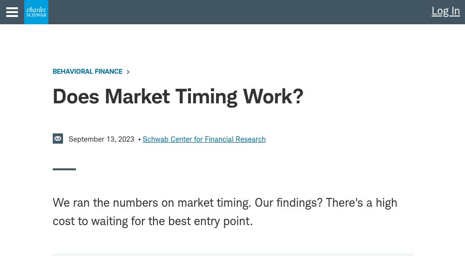 Screenshot of schwab.com: Does Market Timing Work?