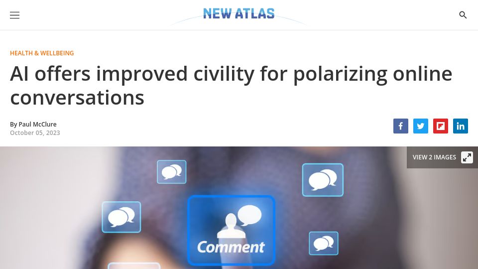 Screenshot of newatlas.com: AI offers improved civility for polarizing online conversations