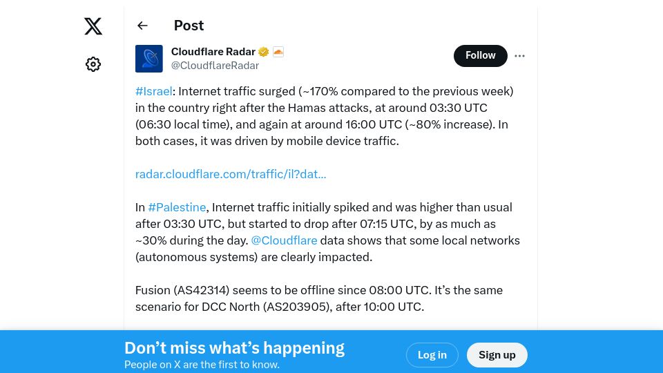 Screenshot of twitter.com: Internet traffic impacted in Palestine after attacks. Some ISPs are offline