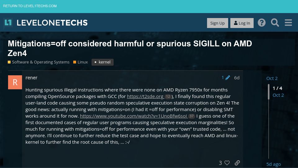 Screenshot of forum.level1techs.com: Mitigations=off considered harmful or spurious SIGILL on AMD Zen4