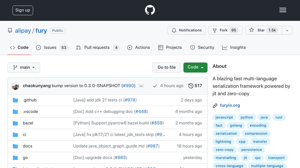 Screenshot of github.com: Fury – Fast multi-language serialization framework powered by JIT and Zero-copy