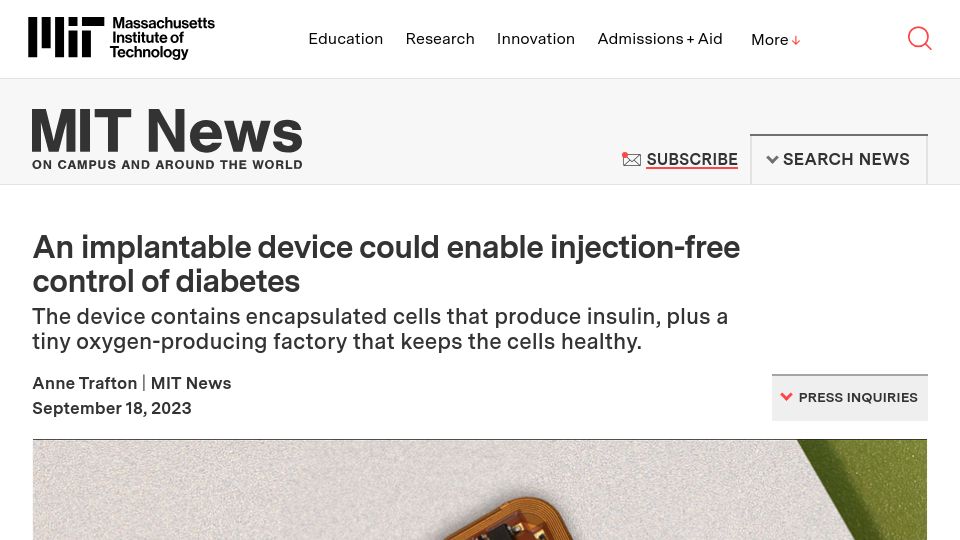 Screenshot of news.mit.edu: An implantable device could enable injection-free control of diabetes