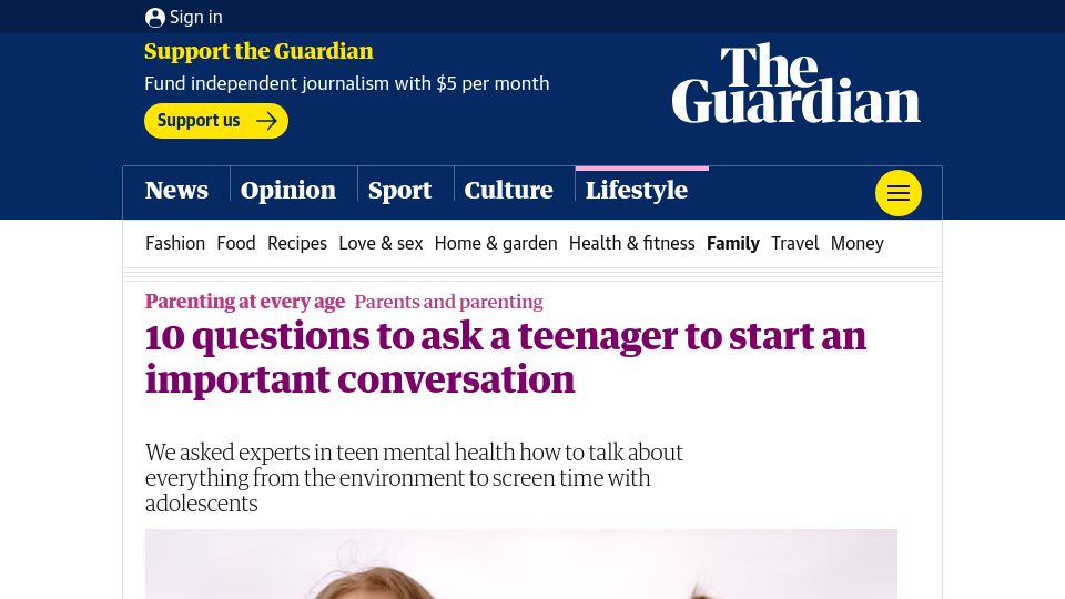 Screenshot of theguardian.com: Questions to ask a teenager to start an important conversation