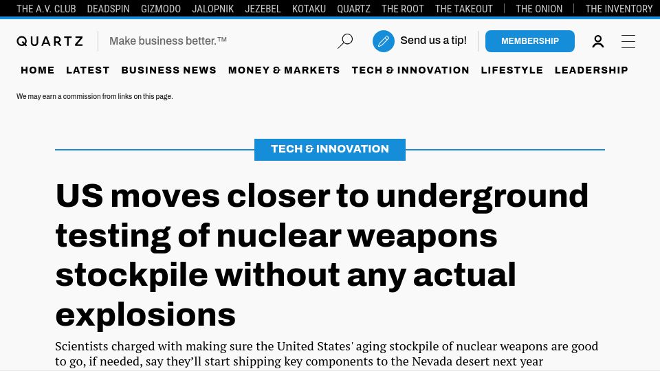 Screenshot of qz.com: US moves closer to underground testing of nuclear weapons without any explosions