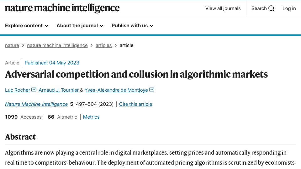 Screenshot of nature.com: Adversarial competition and collusion in algorithmic markets