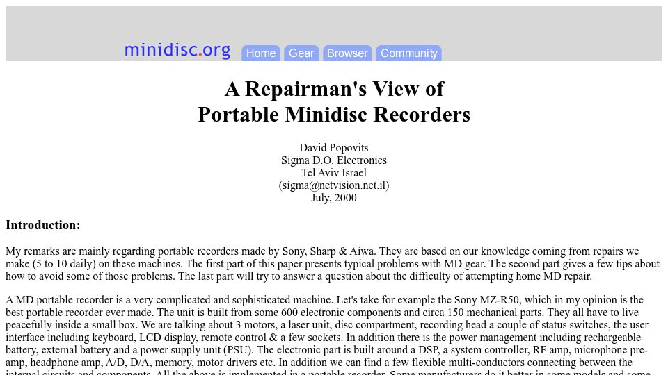Screenshot of minidisc.org: A Repairman's View of Portable Minidisc Recorders (2000)