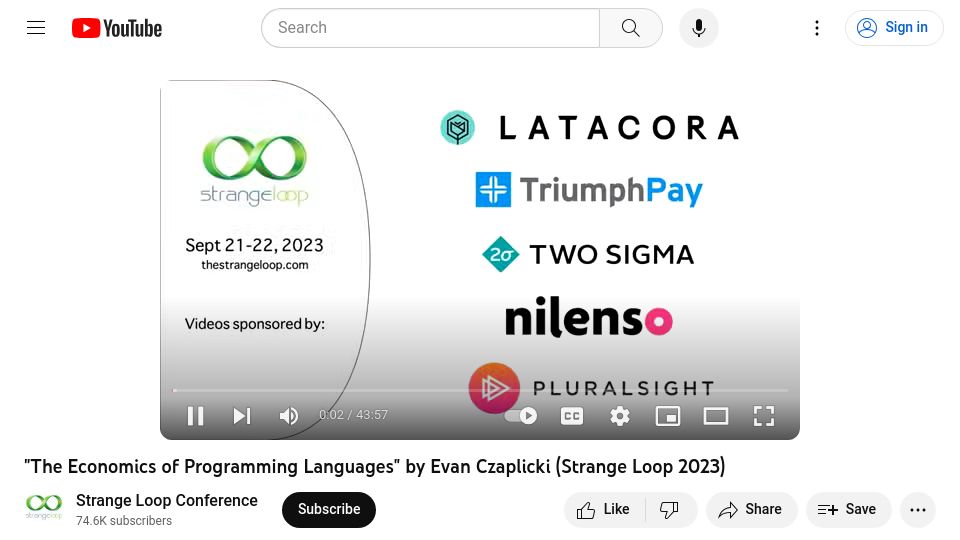 Screenshot of youtube.com: The Economics of Programming Languages [video]
