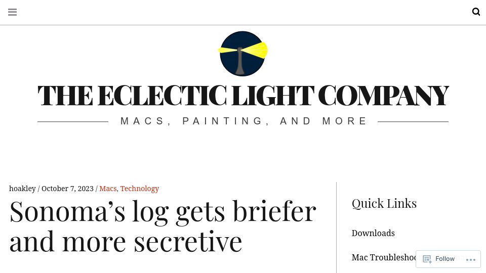 Screenshot of eclecticlight.co: Sonoma's log gets briefer and more secretive
