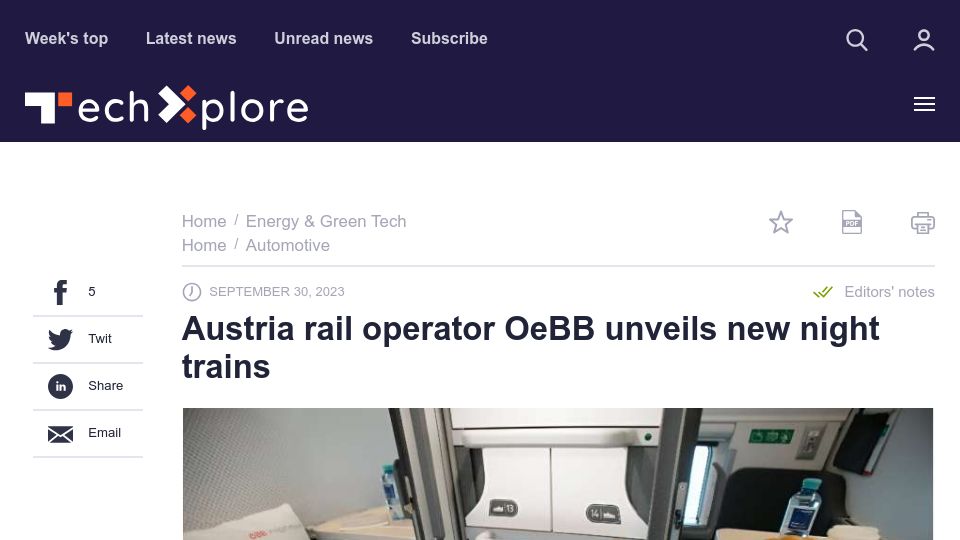 Screenshot of techxplore.com: Austria rail operator OeBB unveils new night trains