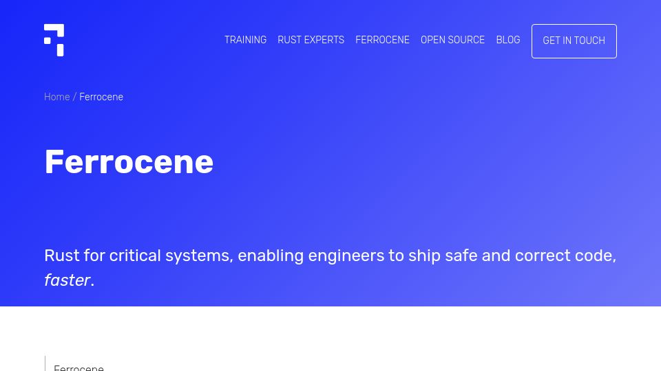 Screenshot of ferrous-systems.com: Ferrocene – Rust for Critical Systems