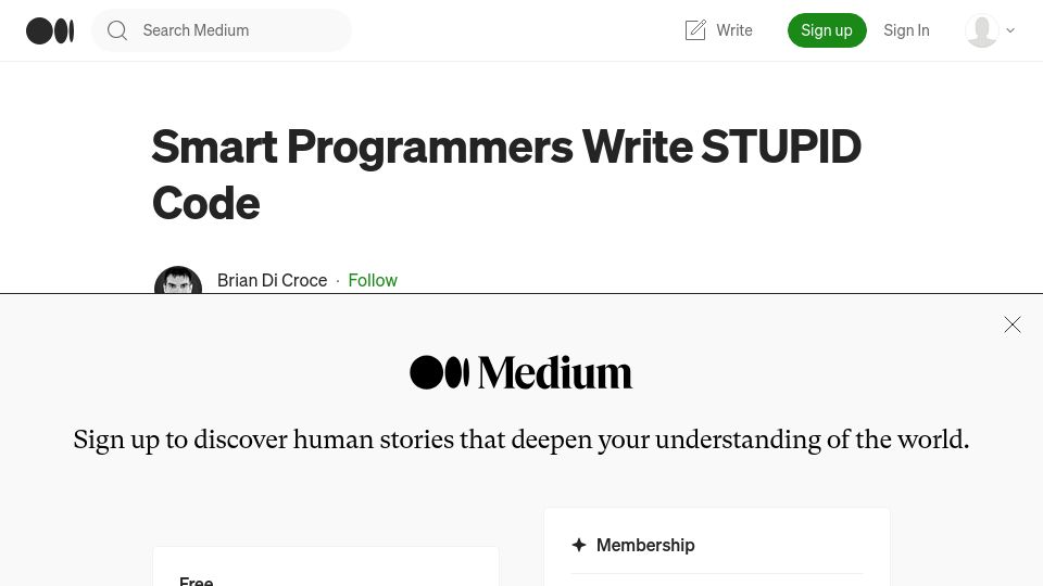 Screenshot of bdicroce.medium.com: Smart Programmers Write STUPID Code (2022)
