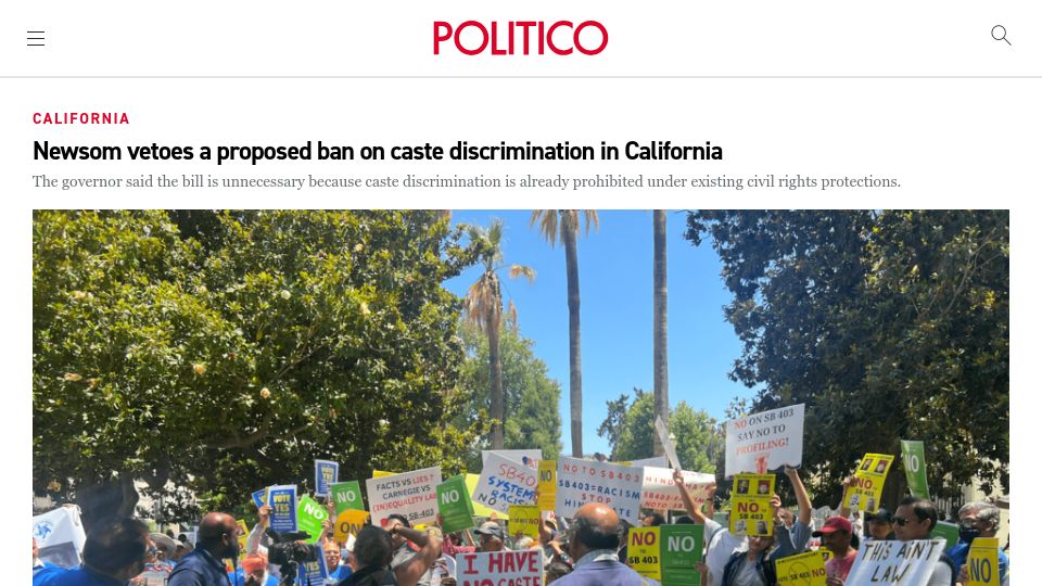 Screenshot of politico.com: Newsom vetoes a proposed ban on caste discrimination in California