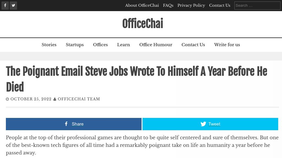 Screenshot of officechai.com: Email Steve Jobs sent to himself 1 year before his passing