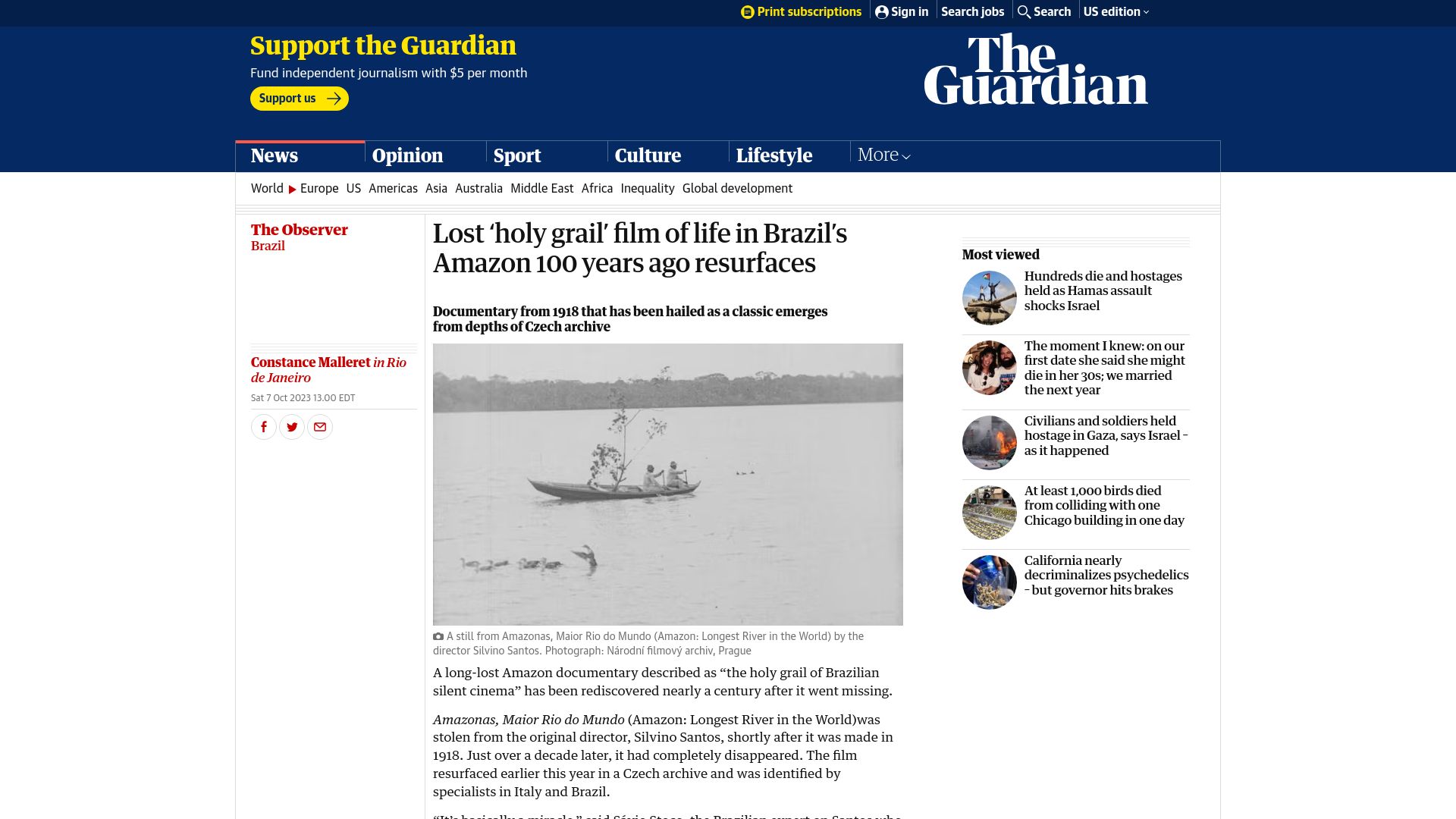 Screenshot of theguardian.com: Lost film of life in Brazil’s Amazon 100 years ago resurfaces