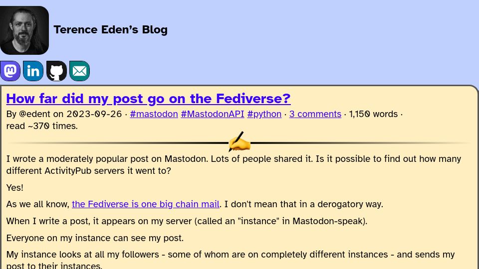 Screenshot of shkspr.mobi: How far did my post go on the Fediverse?
